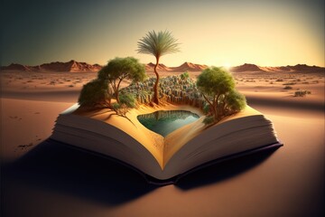 Oasis in the desert. Nature book stories concept. Generative ai.