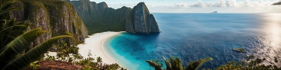 Illustration photo of a hidden lost island in the middle of the sea, ultrawide