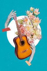Vertical collage image of black white effect arms hold acoustic guitar fresh flowers isolated on...