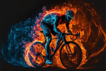 A cyclist riding a road bicycle burning on fire of different colors. Generative ai. 