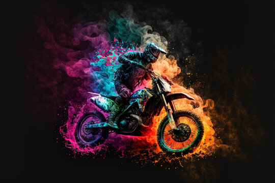 A motocross rider riding a motocross bike  burning on fire of different colors. Generative ai.