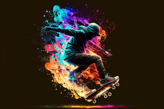 A skater making a trick  burning on fire of different colors. Generative ai.