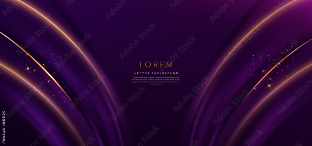 Aufkleber abstract glowing gold curved lines on dark purple background with lighting effect and sparkle with c