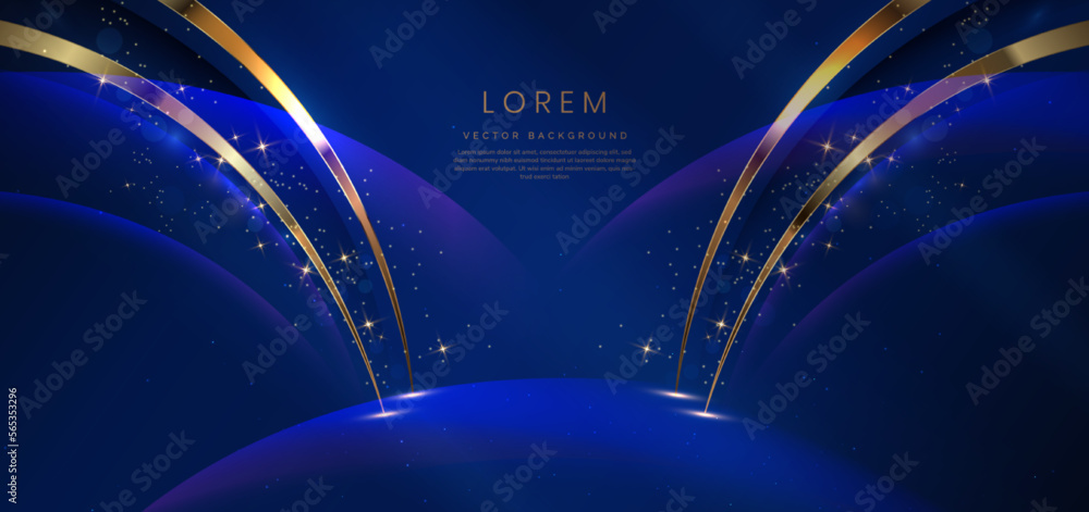 Poster abstract gold curved on dark blue background with lighting effect and sparkle with copy space for te