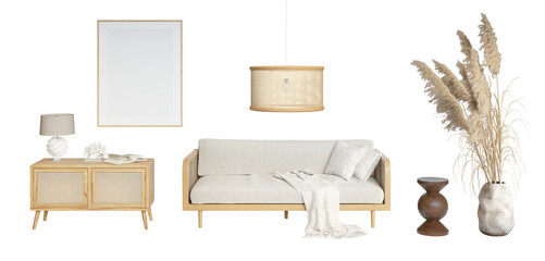 A set of living room rattan furniture 1. Knitted plaid and pillows on a light sofa with rattan beams, a round rattan pendant, a blank poster, a lamp on a wooden pedestal, and tall spikelets. 3d render
