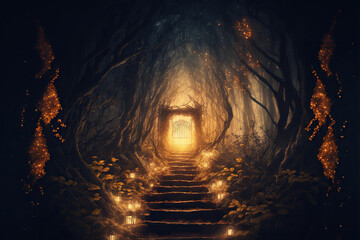 Glowing fantasy portal in an enchanted fairytale forest, Generative AI - obrazy, fototapety, plakaty
