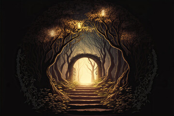 Fantasy gate in an enchanted fairytale forest, vector style, Generative AI - obrazy, fototapety, plakaty