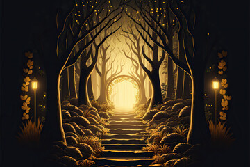 Magical portal in an enchanted fairytale forest, vector style, Generative AI - obrazy, fototapety, plakaty