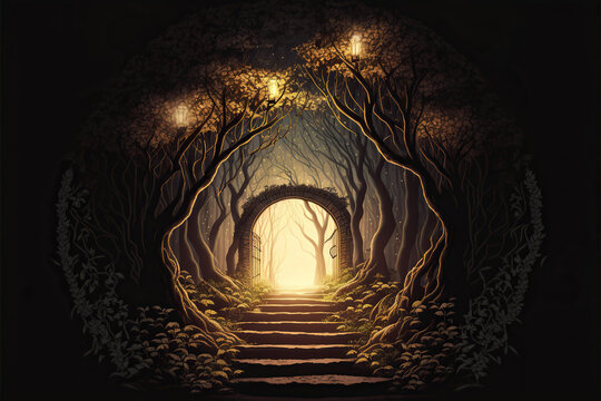 Fantasy gate in an enchanted fairytale forest, vector style, Generative AI