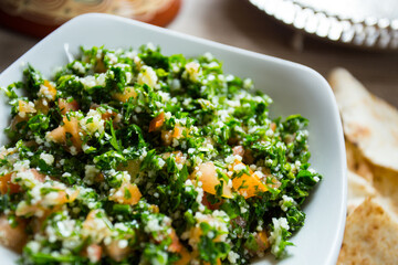 Tabuleh is a typical Shami or Levantine cuisine salad, consisting of chopped parsley, bulgur and...