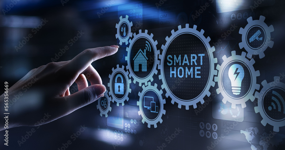 Poster smart home control panel on virtual screen. iot and automation technology concept.