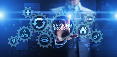 Sharing economy, innovation and future business technology concept on virtual screen.