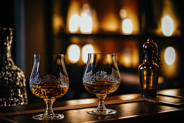 Whisky in an elegant bar, with a beautiful reflection of light on the glass. A pleasant and relaxing moment.