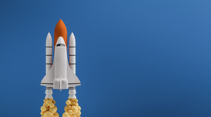Space shuttle flight 3d render. Spacecraft rocket banner on blue background. 3d illustration