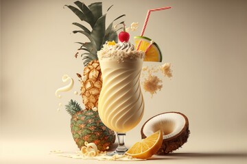 Pina Colada Cocktail mit einer Kokusnuss (Food-Design / Generative AI) - obrazy, fototapety, plakaty