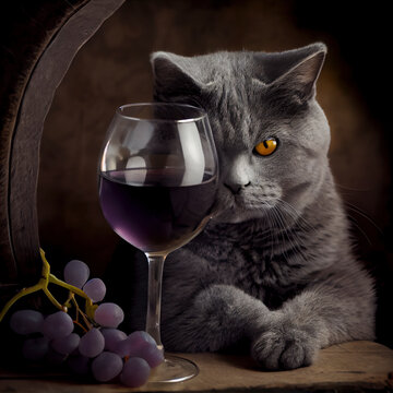 portrait of pretty cat with gray hair next to a glass of wine and fruit looking at the camera waiting to be petted, created with Generative AI technology
