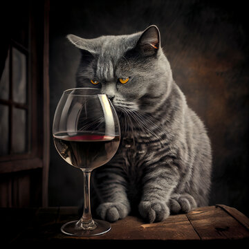 portrait of pretty cat with gray hair next to a glass of wine and fruit looking at the camera waiting to be petted, created with Generative AI technology