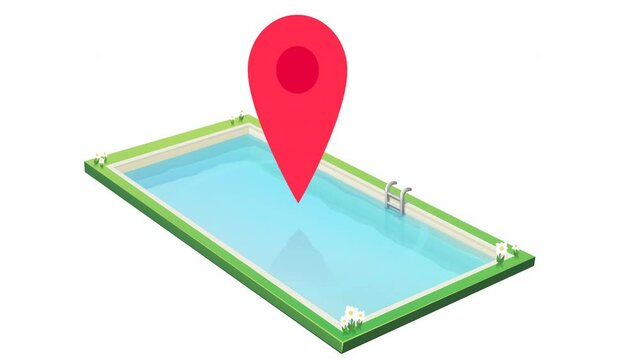 Animation loop of a red map position marker hopping in a pool of turquoise water on a white background