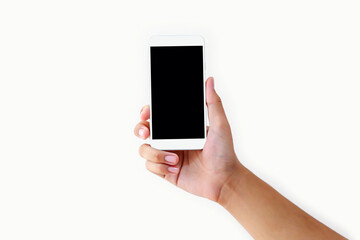 Hand holding blank screen phone or smartphone or tablet for template on white background.