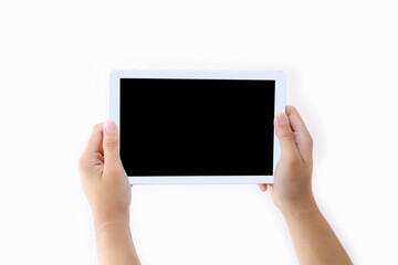 Hand holding blank screen phone or smartphone or tablet for template on white background.