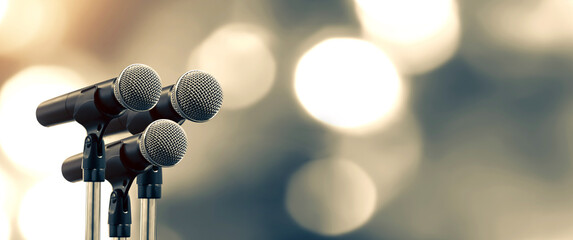 Microphones Public speaking background, Close up microphone on stand for speaker speech...