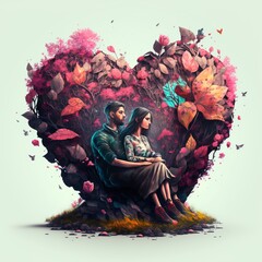 Two lovers are sitting on a big heart in leaves and flowers. February 14 is Valentine's Day.. Generative AI