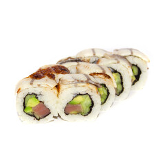 sushi with eel rice nori tuna salmon avocado on white