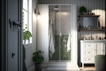 Scandinavian interior style bathroom with natural wood furnitures, shower cabin, porcelain washbasin in a sunny day