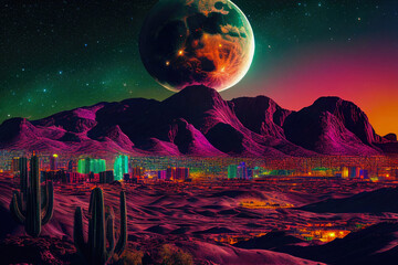 nightscape of psychedelic and neon colors, Skyline with futuristic city skyscrapers and desert landscape. Generative Ai
