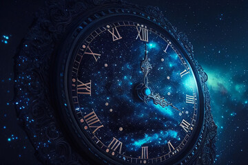 Obraz na płótnie Canvas The modern clock face is superimposed on the starry night sky to express the flow of time abstractly. Generative Ai