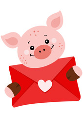 Loving pig holding a valentine letter envelope