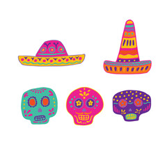 Bright set of Mexican skulls and hats. Sugar skull, beautiful sombreros. Vector illustration
