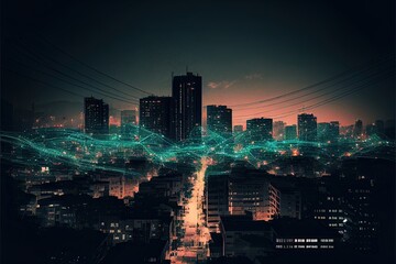 Night cityscape with visualized digital network . Ai generative