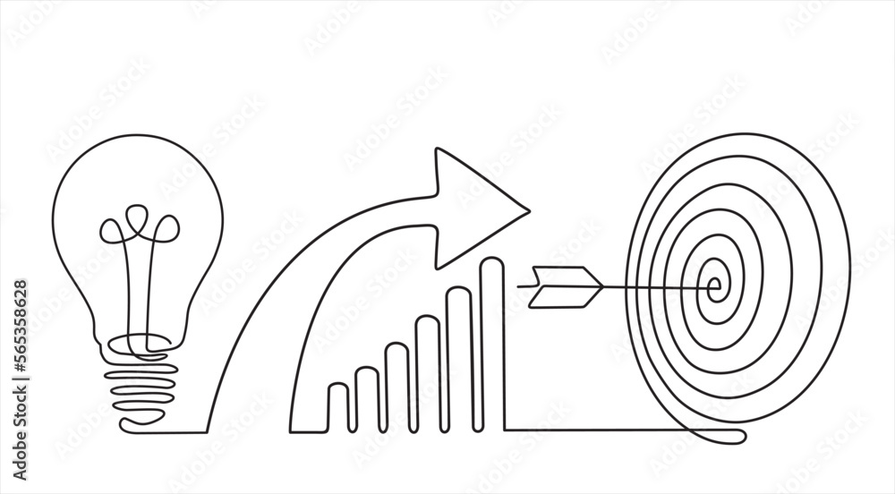Fototapete continuous one line drawing of light bulb with a dart board and increasing up arrows bar graph. star