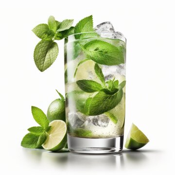 Wasser mit Minze und Limone / Mojito Cocktail mit Eiswürfeln (Generative AI)