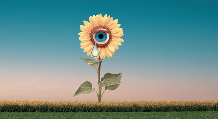 Metaphorical collage, a sunflower shedding a tear