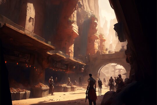 Place de march&eacute; troglodite sur une plan&egrave;te de type d&eacute;sertique dans un canyon