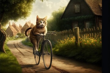 Cute cyclist Cat Riding Bicycle And cycling in countryside illustration generative ai - obrazy, fototapety, plakaty