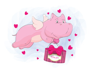A cute pink hippopotamus with wings carries a gift to his beloved. Around the heart.