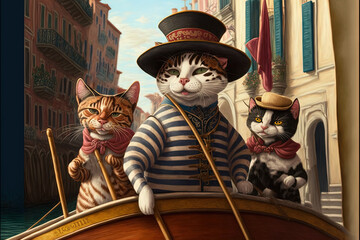 Cat as gondolier with typical stripes uniform on gondola in venice canals illustration generative ai - obrazy, fototapety, plakaty
