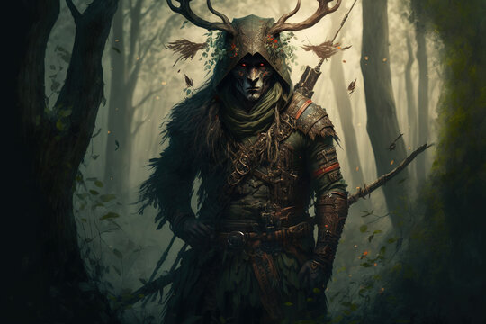 Camouflaged hunter in the depths of an Ancient Forest, Illustration, Fantasy Character, Generative Ai