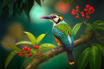 Bright exotic bird in a tropical garden, sunlight. AI