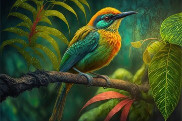 Bright exotic bird in a tropical garden, sunlight. AI - obrazy, fototapety, plakaty