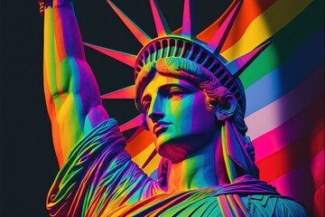 statue of liberty in the rainbow colors. LGBTQ community advocates for tolerance towards gender, sexuality and identity illustration generative ai - obrazy, fototapety, plakaty
