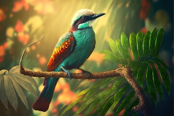 Bright exotic bird in a tropical garden, sunlight. AI - obrazy, fototapety, plakaty