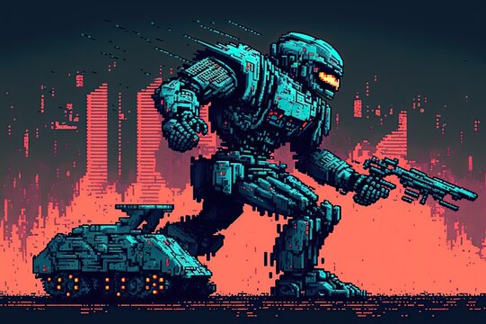 a big robot in mechwarrior style going to war with a tank at his side, retro design, pixelart, ai art, 8 bit