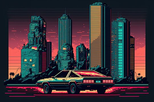 car standing in front of a future city skyline, retro design, ai art, 8 bit, pixelart