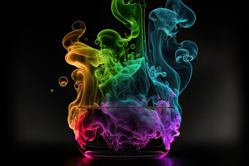 Multicolored neon smoke on a black background, a bright explosion of smoke. AI