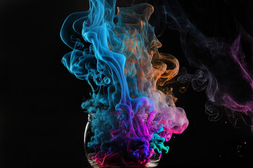Obraz premium Multicolored neon smoke on a black background, a bright explosion of smoke. AI