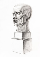 academic drawing - gypsum model of human ecorche head hand drawn by regular pencil on white paper